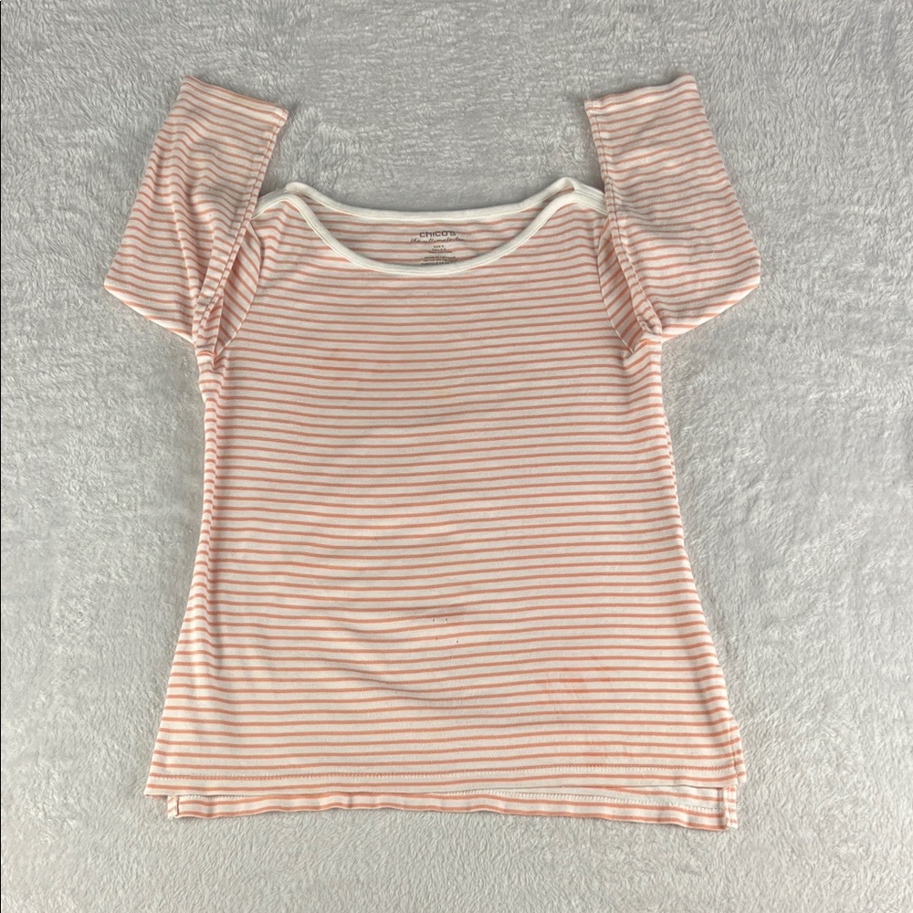 Chico's Ultimate Tee Women's Size 0 Soft Pink/White‎ Striped 3/4 Sleeve